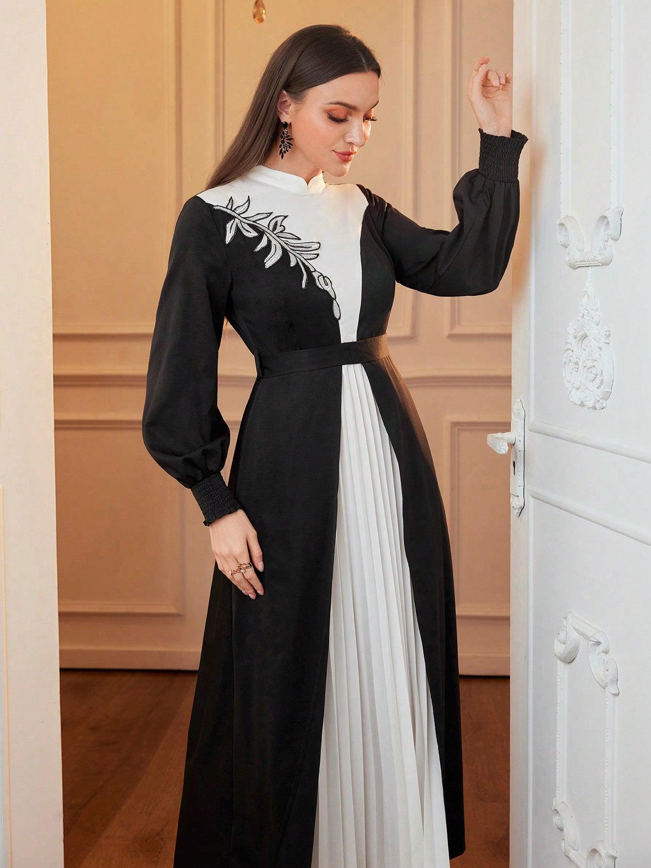 Woven Black & White Mixed Color Women Dress, Autumn/Winter, Elegant Modest Long Sleeve A Line Arabian Dresses, For Evening Party/Wedding