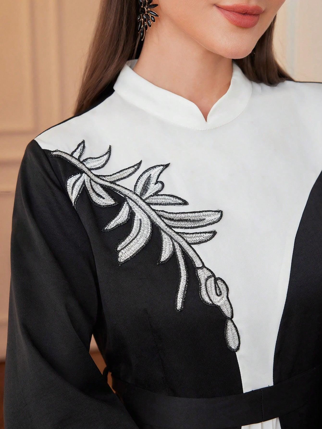 Woven Black & White Mixed Color Women Dress, Autumn/Winter, Elegant Modest Long Sleeve A Line Arabian Dresses, For Evening Party/Wedding