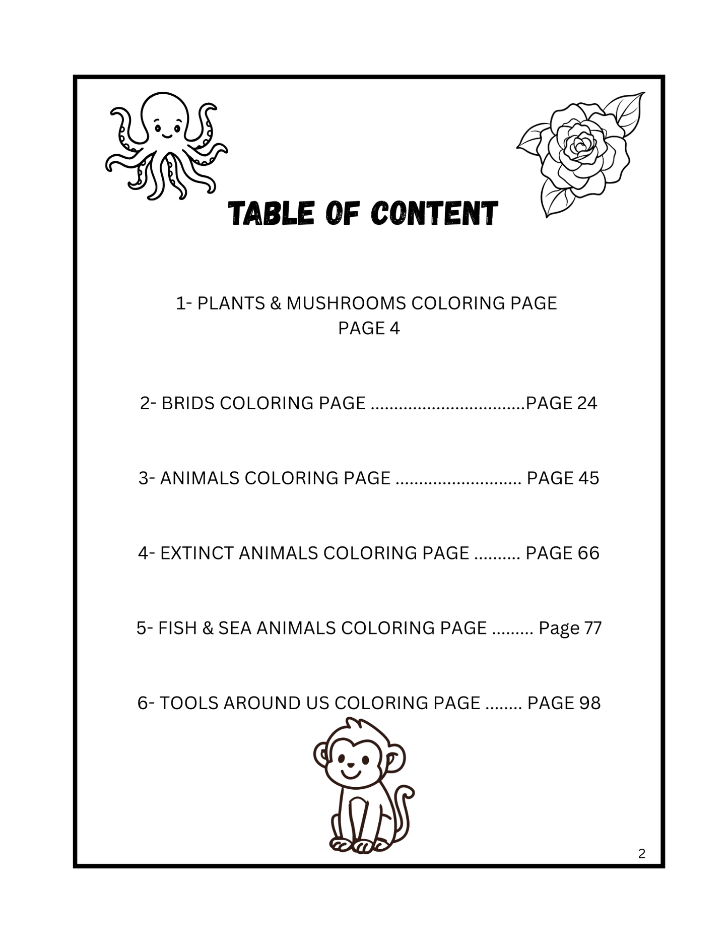 Kids Coloring Book Ages 5–10: 100 Easy Coloring Pages of Animals, Birds, Fish, Dinosaurs, Plants, and Everyday Tools