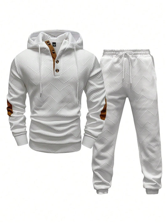 Men's Solid Color Patchwork Long Sleeve Front Button Hoodie And Pants Outfit