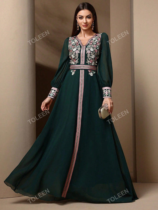 Women's Floral Embroidered Lantern Sleeve Arabian Modest Long Sleeve Dress Kaftan Arabian Dress