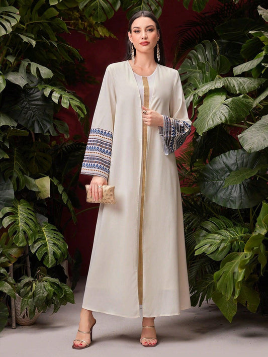 Women's Spring Summer Casual Printed Patchwork Flared Sleeve Long Arabian Abaya Modest Dress