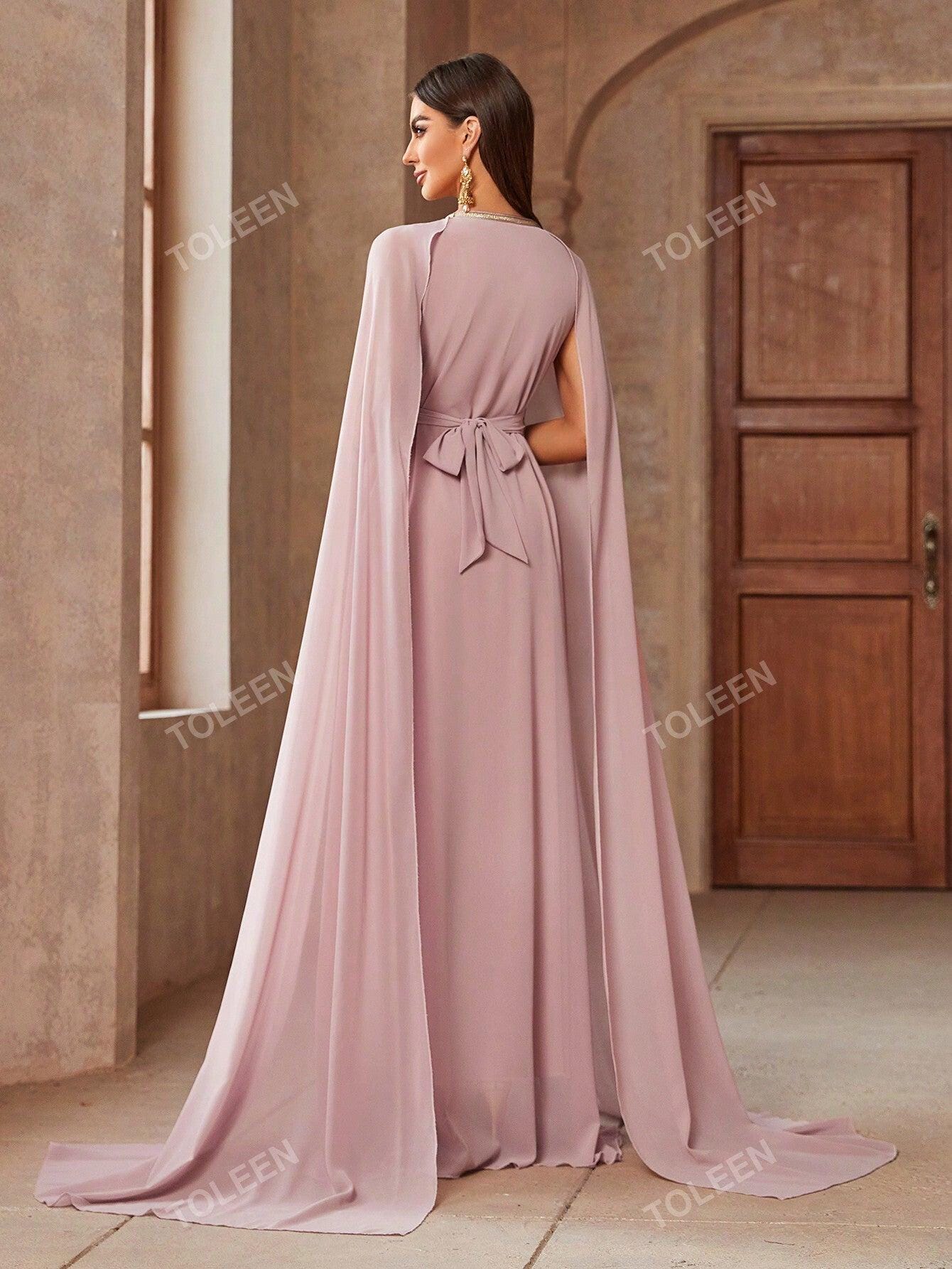 Elegant Women Color Block Lace Spliced Cape Sleeves Waist Gathered Long Modest Dress