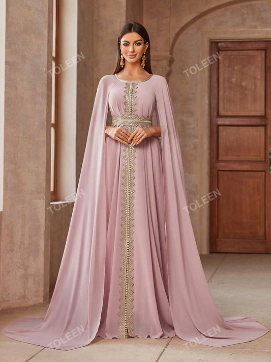 Elegant Women Color Block Lace Spliced Cape Sleeves Waist Gathered Long Modest Dress