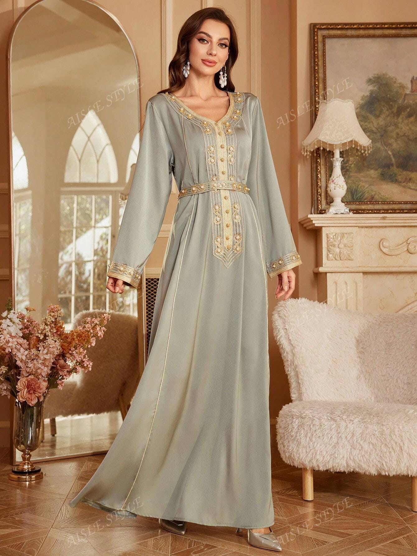 Faux Pearl Sparkling Sequin V-Neck Long Sleeve Ultra Long Arabian Modest Dress For Women