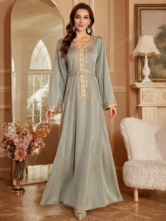 Faux Pearl Sparkling Sequin V-Neck Long Sleeve Ultra Long Arabian Modest Dress For Women