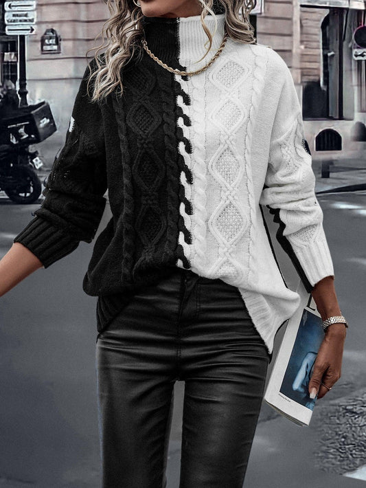 LUNE Two Tone High Neck Drop Shoulder Cable Knit Sweater