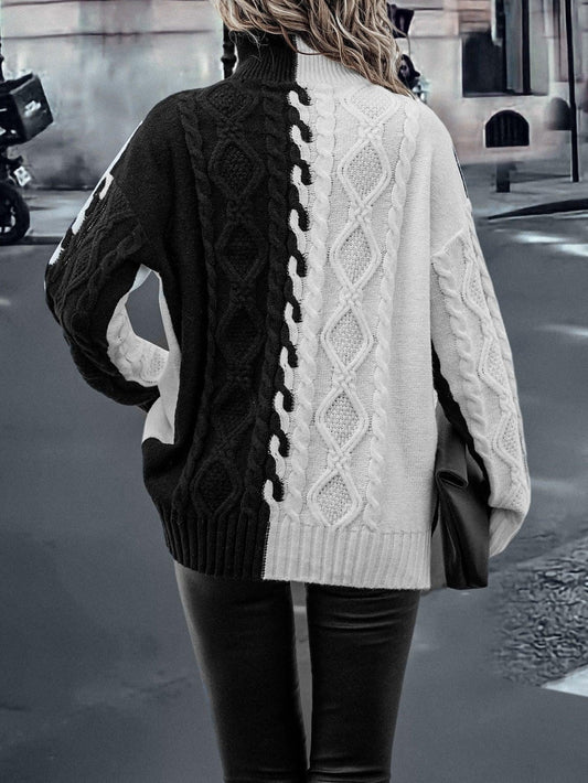 LUNE Two Tone High Neck Drop Shoulder Cable Knit Sweater