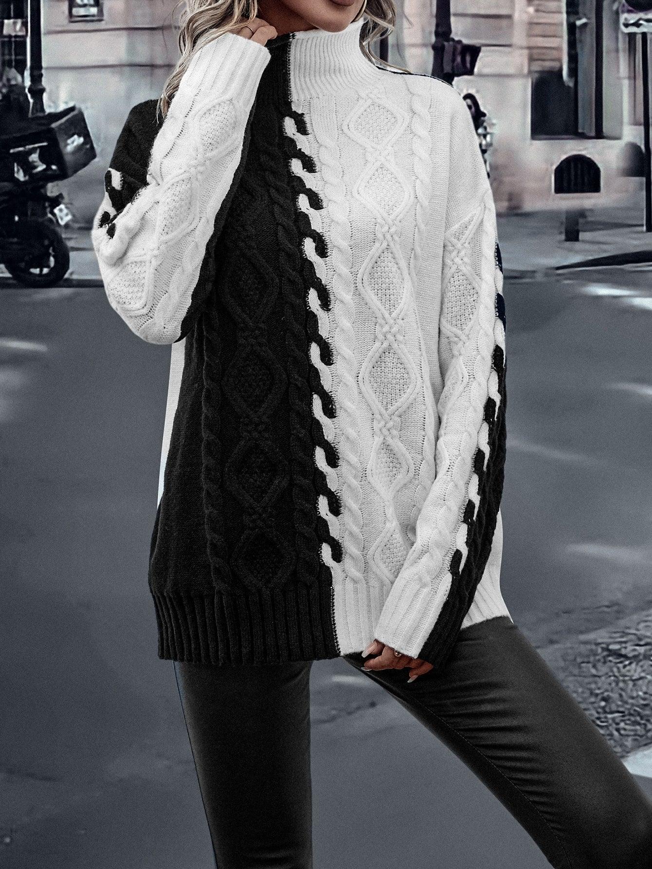LUNE Two Tone High Neck Drop Shoulder Cable Knit Sweater