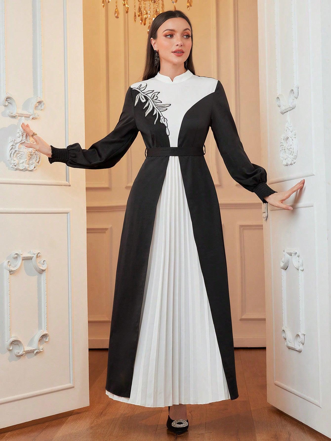 Woven Black & White Mixed Color Women Dress, Autumn/Winter, Elegant Modest Long Sleeve A Line Arabian Dresses, For Evening Party/Wedding