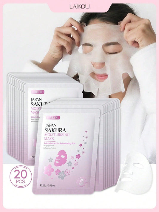 20 Pcs Hydrating and Brighten LAIKOU Japan Sakura Moisturizing Mask,25g Moisturizing Patch Facial Mask Deep Repairing For Women All Skin