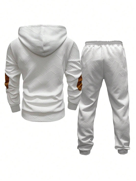 Men's Solid Color Patchwork Long Sleeve Front Button Hoodie And Pants Outfit