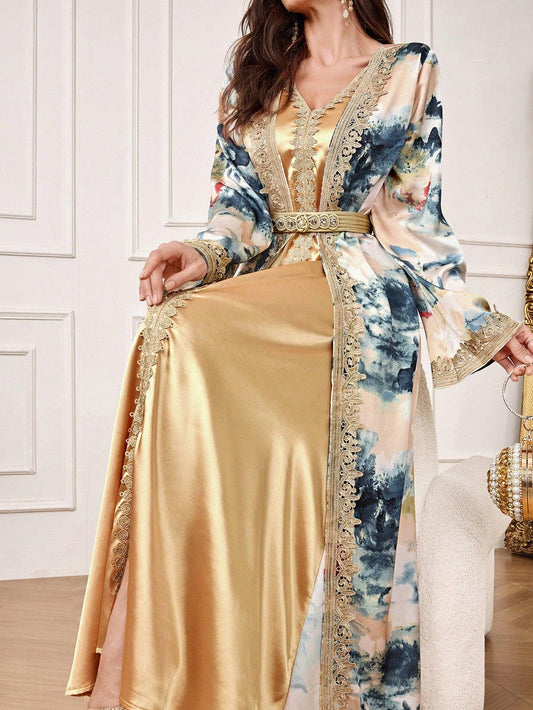 Women's V-Neck Long Sleeve Solid Color Splicing Luxurious Modest Dress
