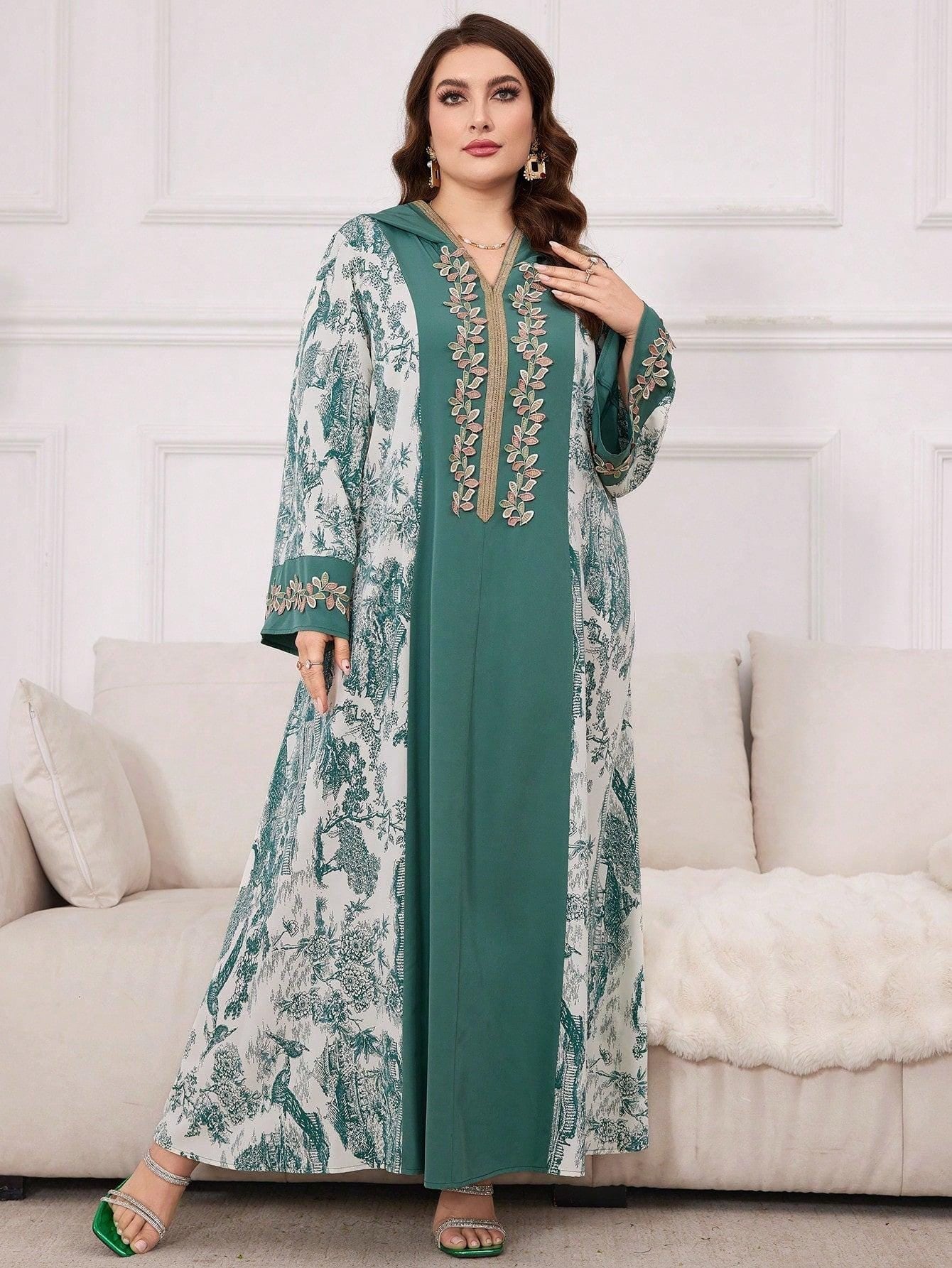 Plus Size Women Spring/Summer Arabian Dress With Plant Print, Patchwork & Drawstring Hood, Casual Long Sleeve Maxi Modest Dress