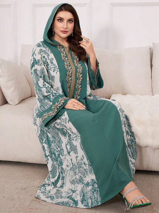 Plus Size Women Spring/Summer Arabian Dress With Plant Print, Patchwork & Drawstring Hood, Casual Long Sleeve Maxi Modest Dress