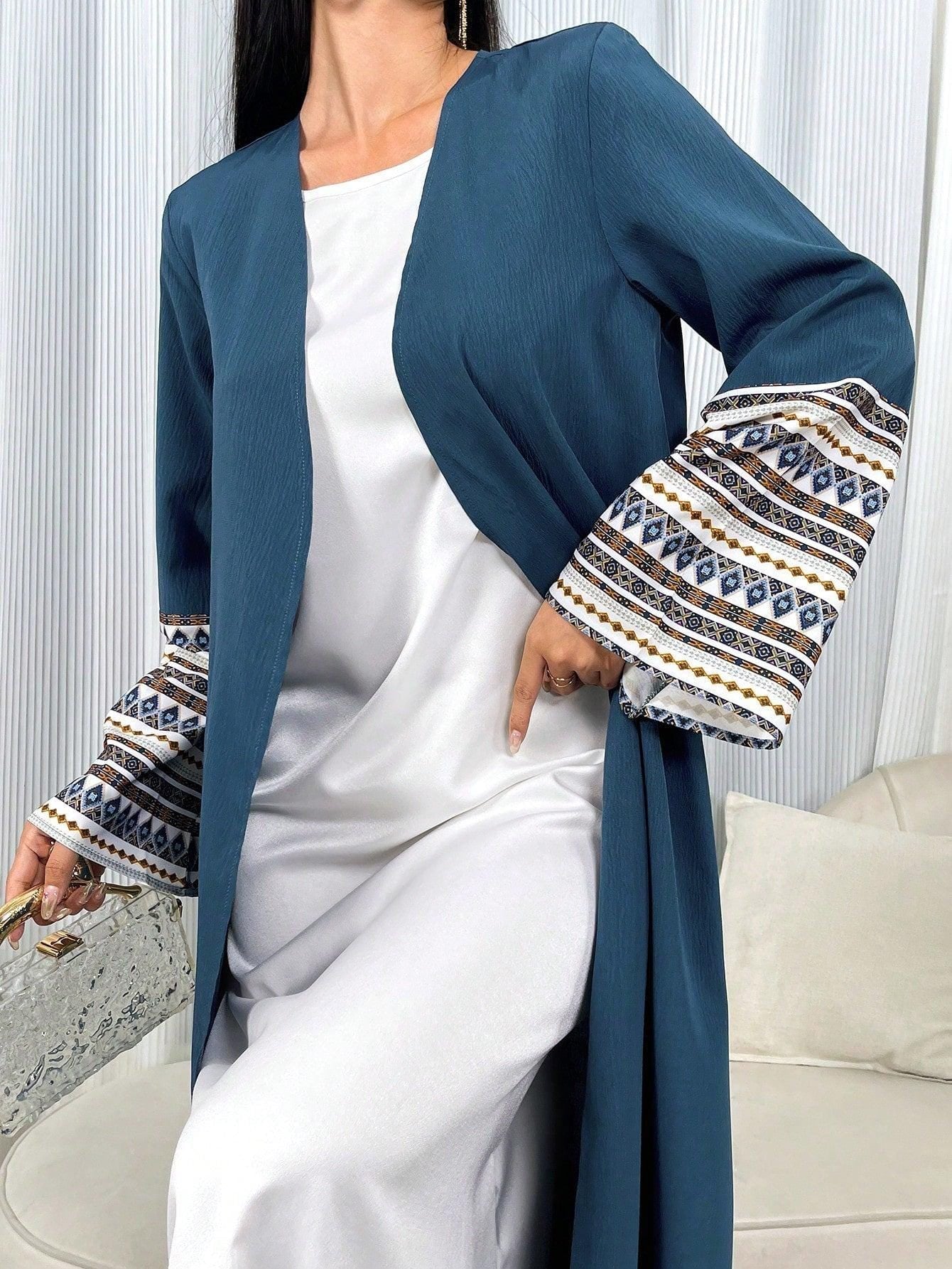 Women's Spring Summer Casual Printed Patchwork Flared Sleeve Long Arabian Abaya Modest Dress