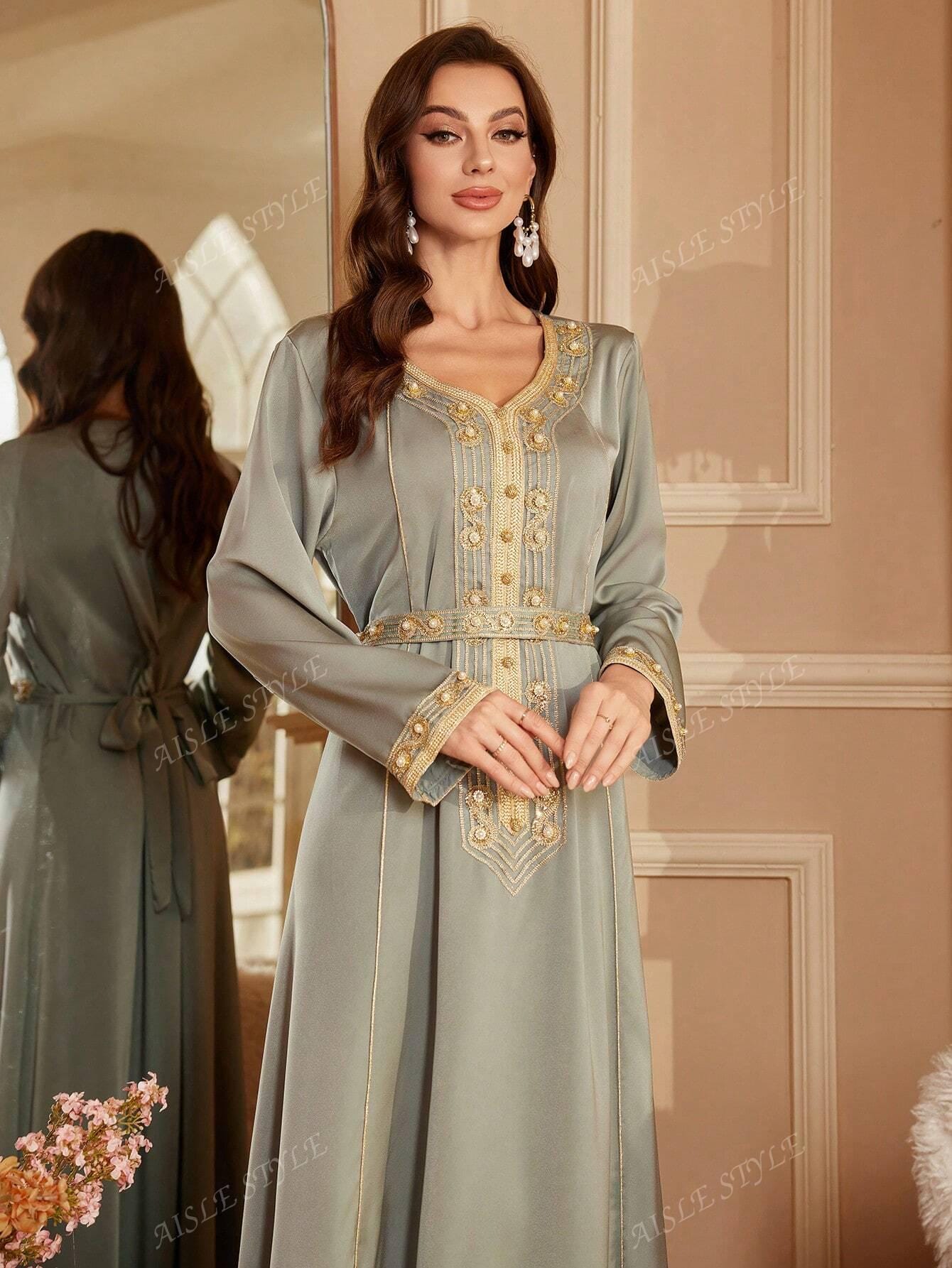 Faux Pearl Sparkling Sequin V-Neck Long Sleeve Ultra Long Arabian Modest Dress For Women