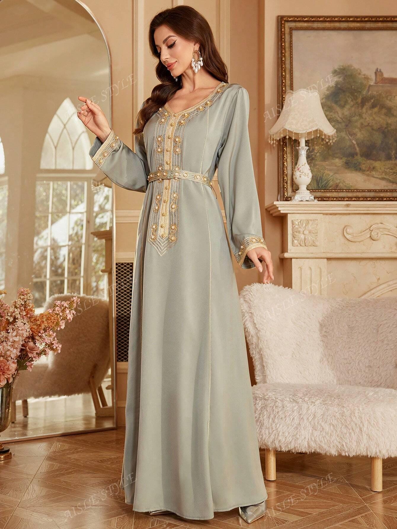 Faux Pearl Sparkling Sequin V-Neck Long Sleeve Ultra Long Arabian Modest Dress For Women