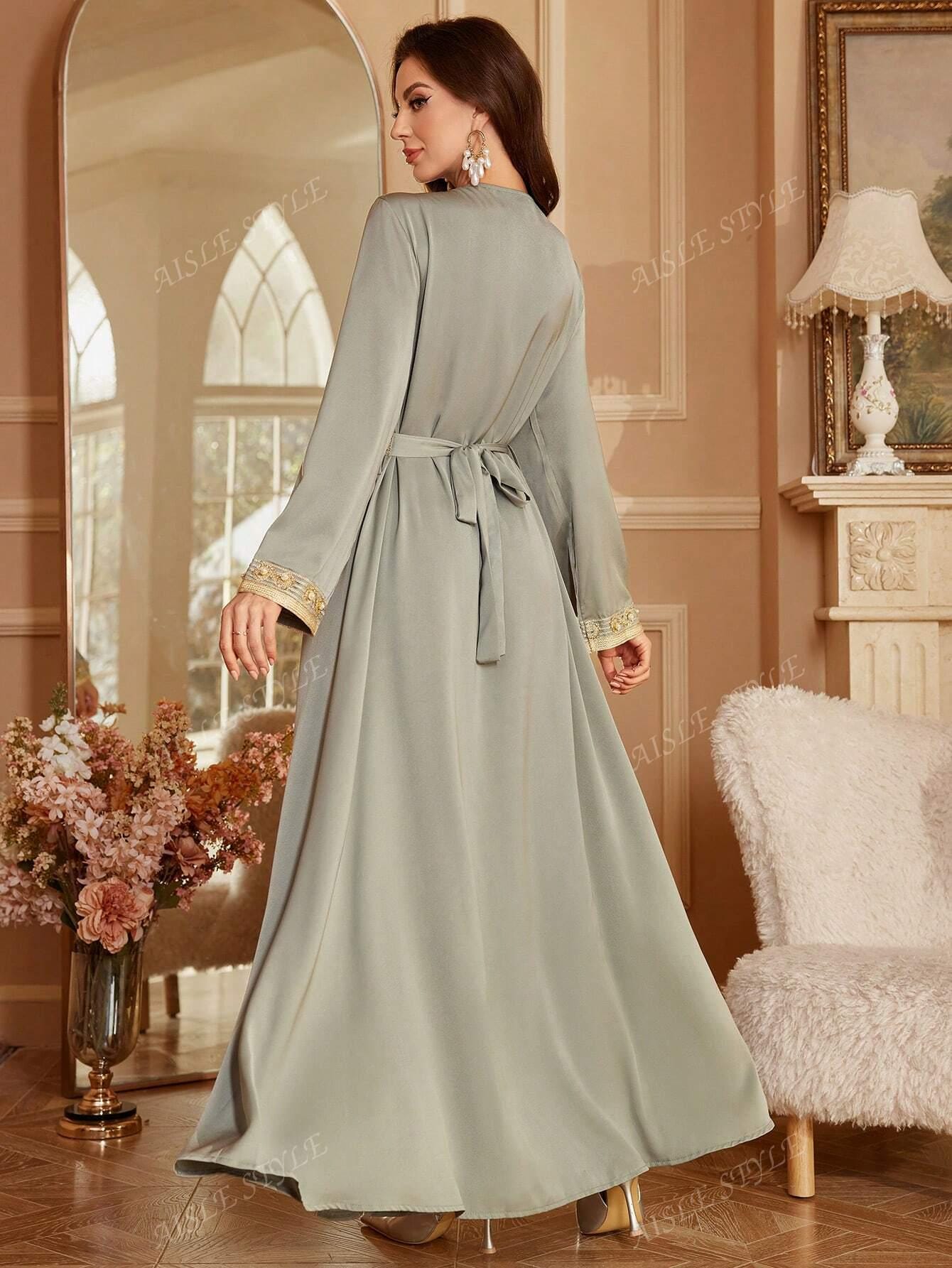Faux Pearl Sparkling Sequin V-Neck Long Sleeve Ultra Long Arabian Modest Dress For Women