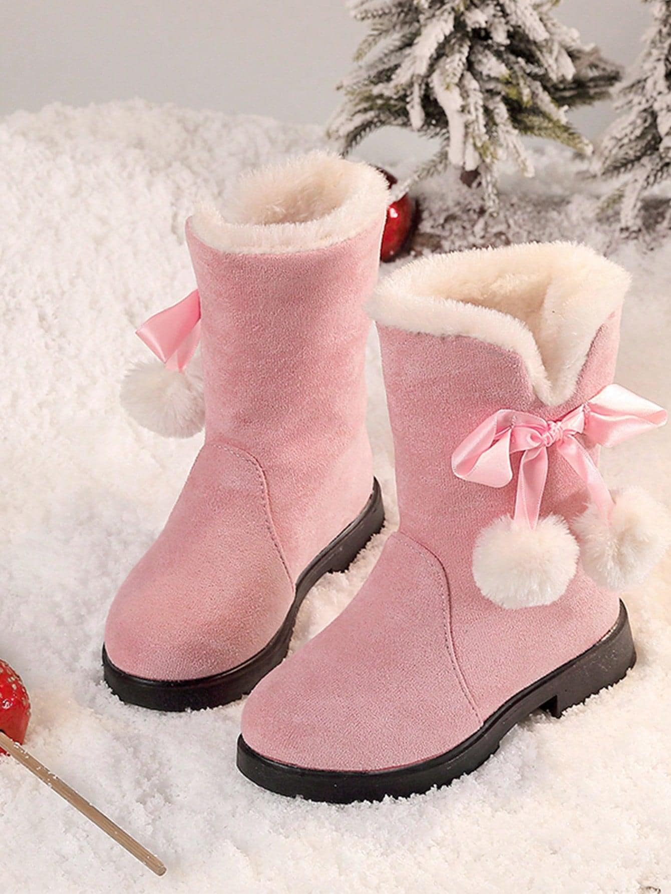Girls Winter Boots Princess Snow, New Fashion Bow High-Top, Mid-Calf Thick Warm , Red Color, Suitable For Little Girls