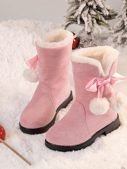 Girls Winter Boots Princess Snow, New Fashion Bow High-Top, Mid-Calf Thick Warm , Red Color, Suitable For Little Girls