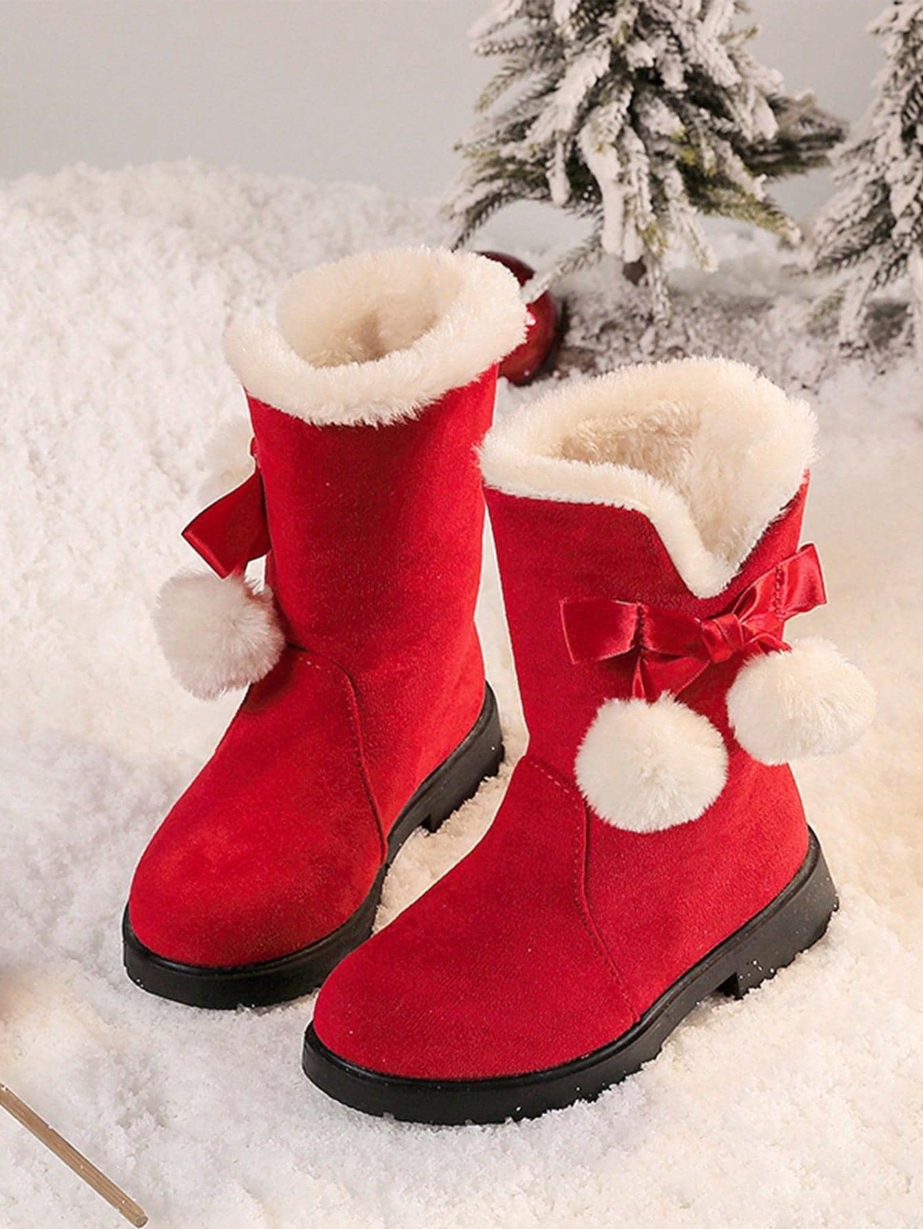 Girls Winter Boots Princess Snow, New Fashion Bow High-Top, Mid-Calf Thick Warm , Red Color, Suitable For Little Girls