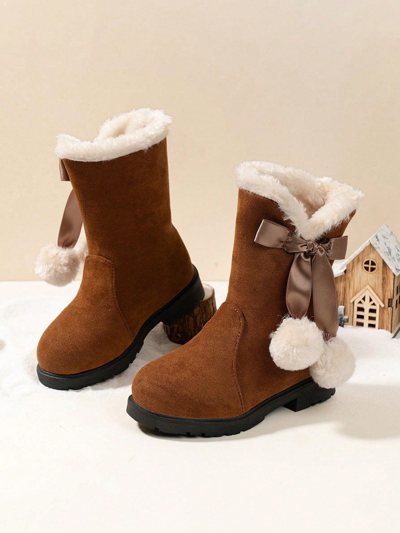 Girls Winter Boots Princess Snow, New Fashion Bow High-Top, Mid-Calf Thick Warm , Red Color, Suitable For Little Girls