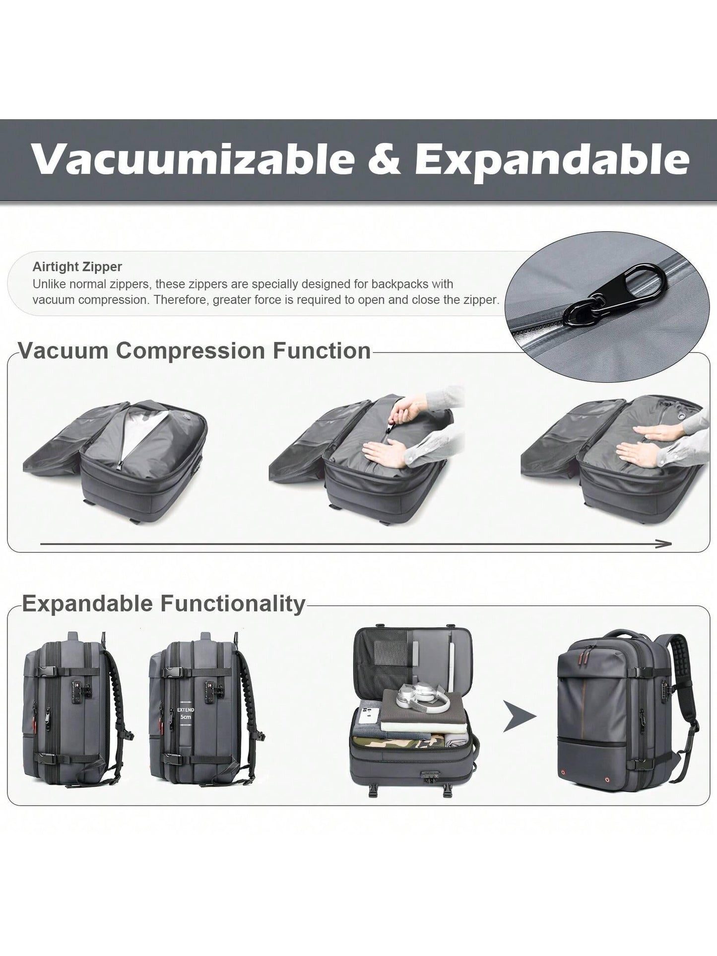 Pack Backpack, 60L Expandable with Vacuum Compression, TSA Lock Laptop 16 Inch, Anti-Theft Travel, Water Resistant Space Saver