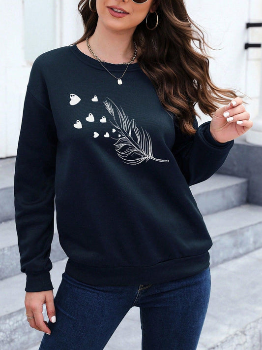 Essnce Women's Tree Leaf & Heart Patterned Casual Pullover Long Sleeve Sweatshirt