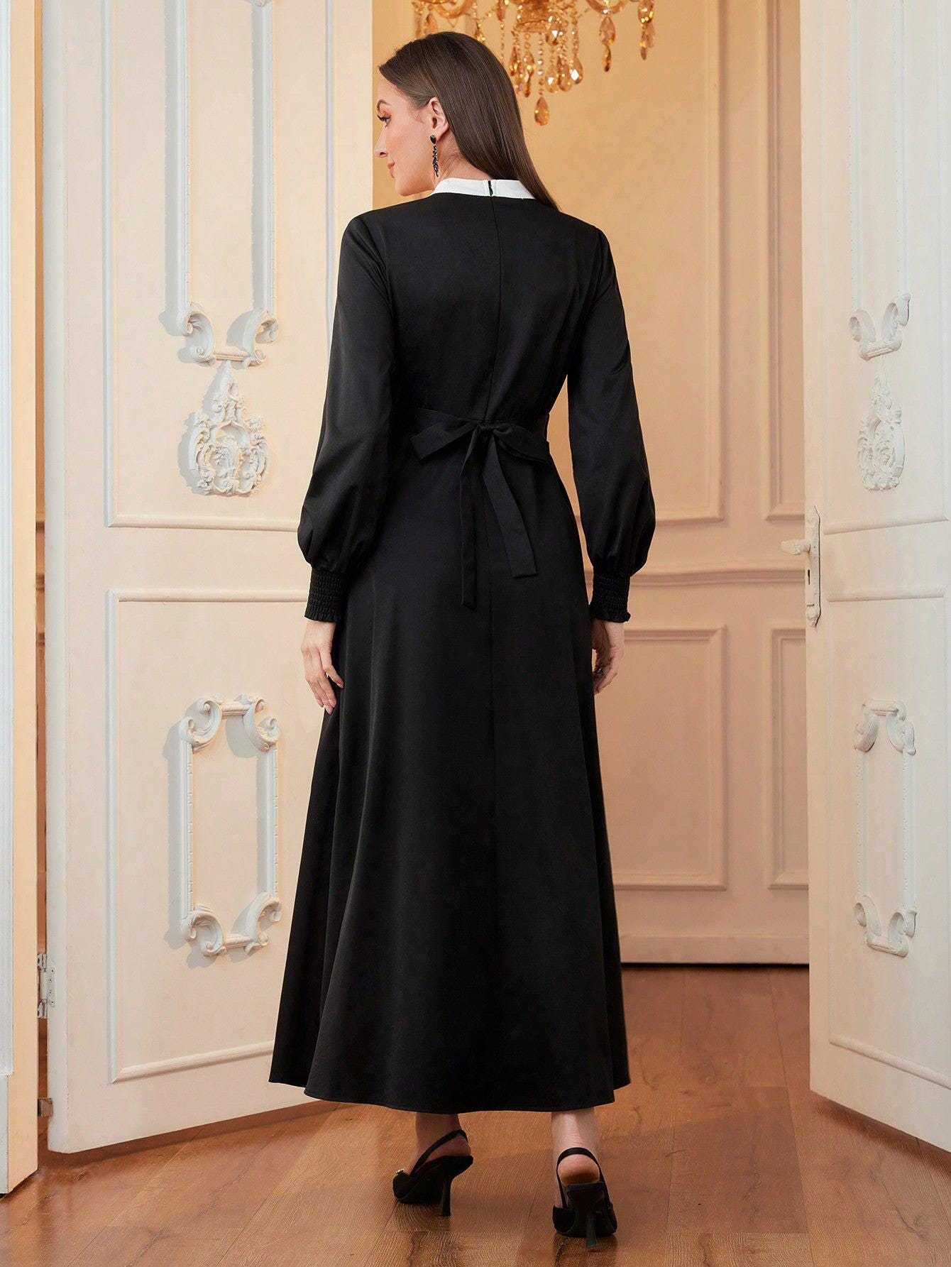 Woven Black & White Mixed Color Women Dress, Autumn/Winter, Elegant Modest Long Sleeve A Line Arabian Dresses, For Evening Party/Wedding
